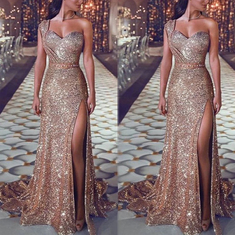 Women Sexy One Shoulder High Split Irregular Dress New Fashion Shiny Sequin Long Evening Lady Elegant Party Dress. S-3X