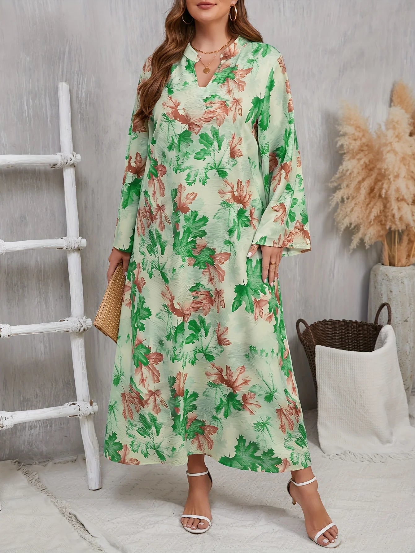 Plus Size 1XL-5XL V-neck Dress Beautiful Maple Leaf Print Loose Straight Elegant Dress