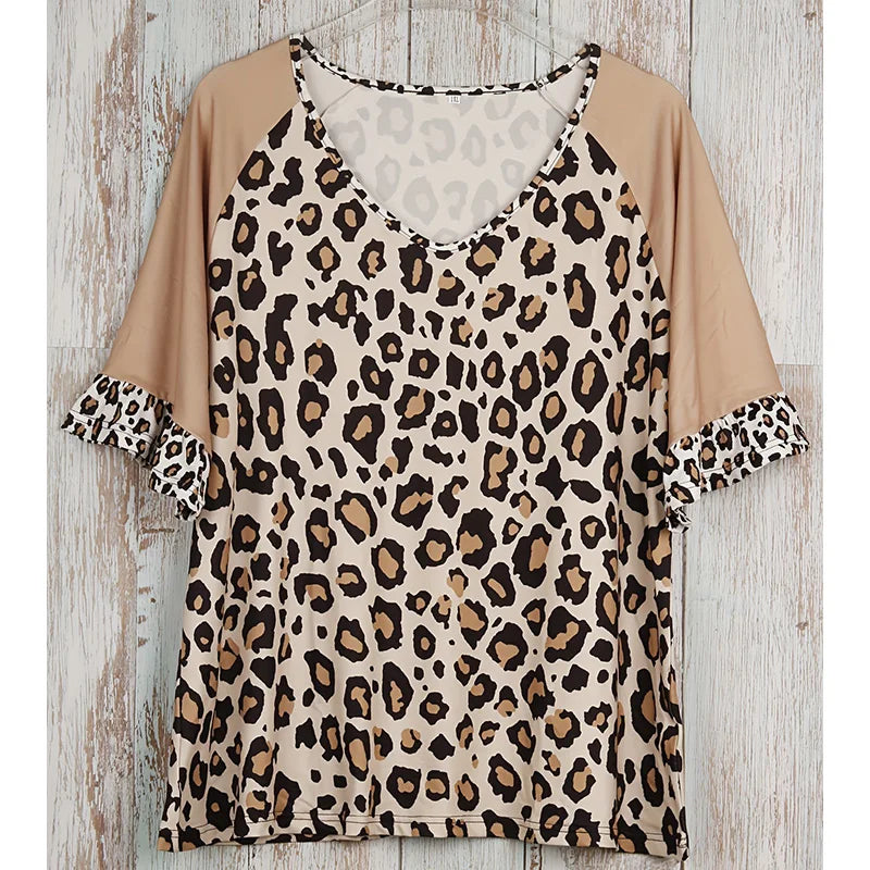 Plus size women's shirt casual fashion V-neck printed short-sleeved T