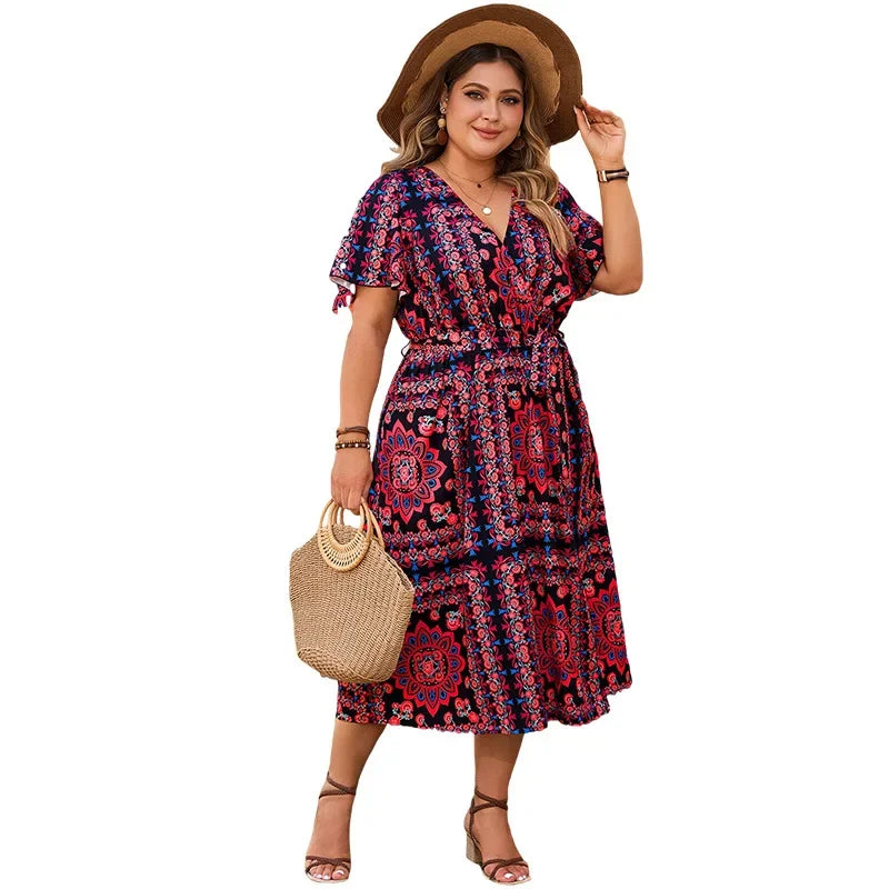 Plus Loose Floral Print Dress Elegant Comfortable Casual V-Neck Dress