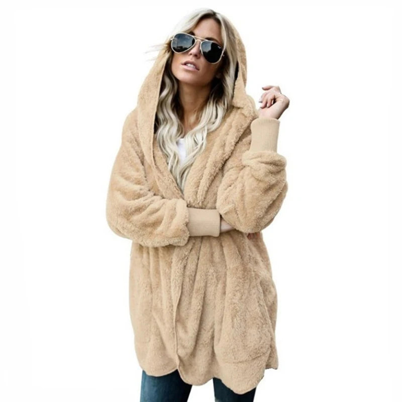 Double Fleece Cardigan Solid Colour Long Sleeve Plush Warm Hooded Lady Oversized Outerwear Coat. S-5X
