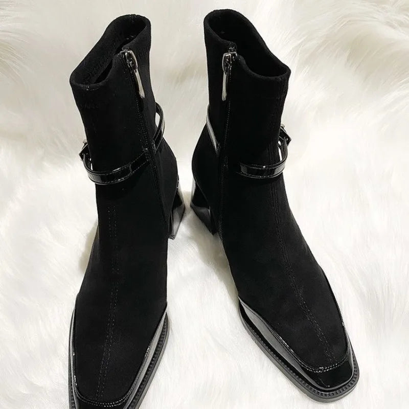 Women's Square Toe Retro Suede Ankle Boots - Spliced Skinny Boots with Zipper