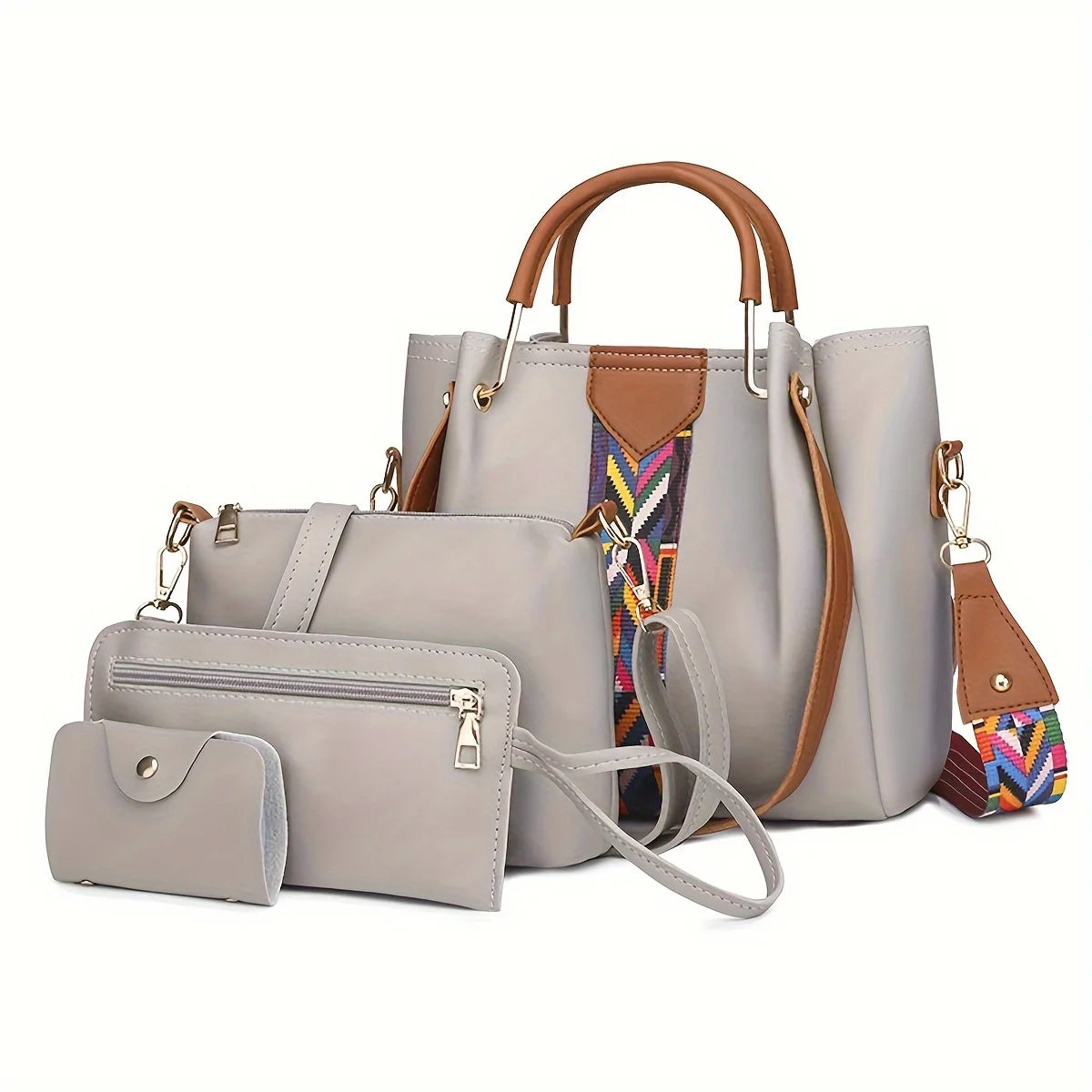 4pc Large Capacity Luxury Women's Shoulder Bag Fashion Coloured Ribbon Patchwork Tote Bag