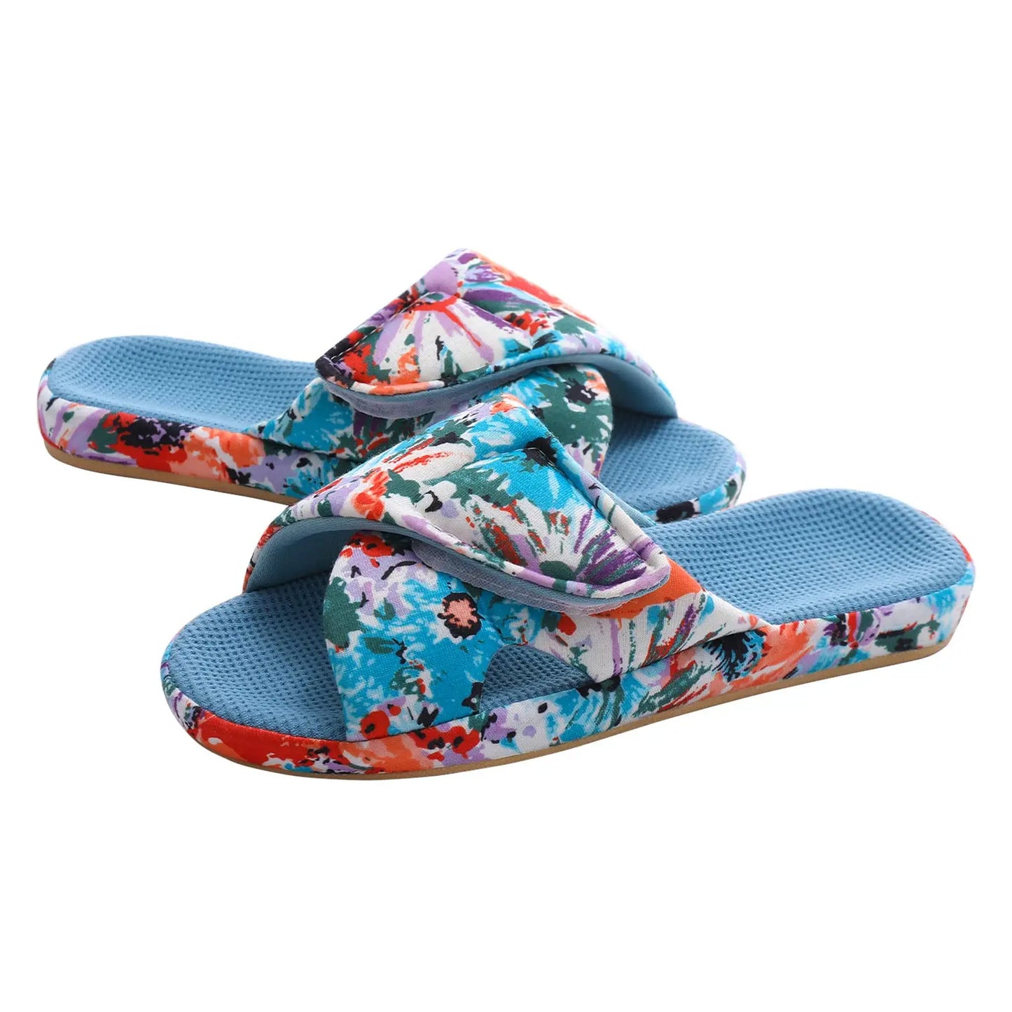 Comwarm Waffle Indoor Cotton Slippers For Women Open Toe Anti-Slip Home Slippers Four Seasons Flat with Arch Support.