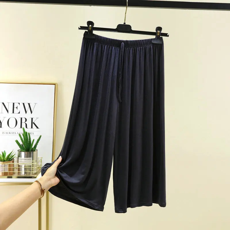 Plus Size Capri Pants Women's Summer Loose Fit Wide Leg Elastic Waist Casual Wear
