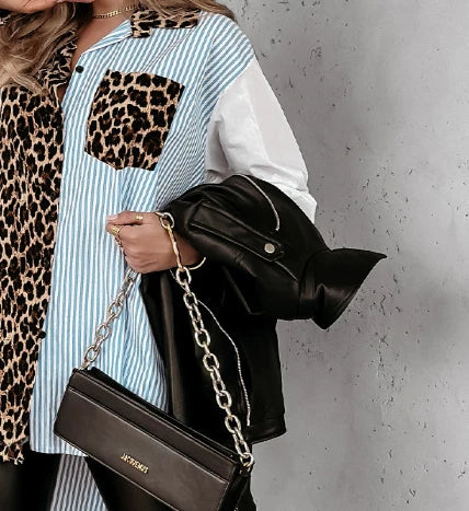 Women Leopard Print Striped Dip Hem Loose Fit Casual Blouse Button Shirt. S-XL