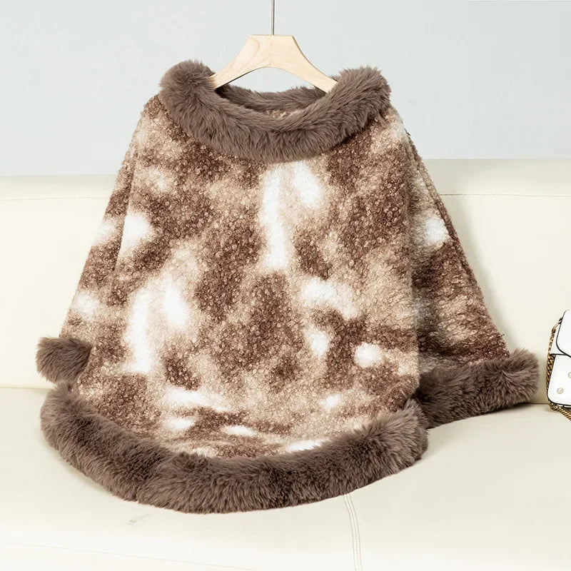 Knitted Cloak Sweater Printed Shawl Outwear Warm Thick Fur Collar Casual Loose Poncho Batwing Sleeve
