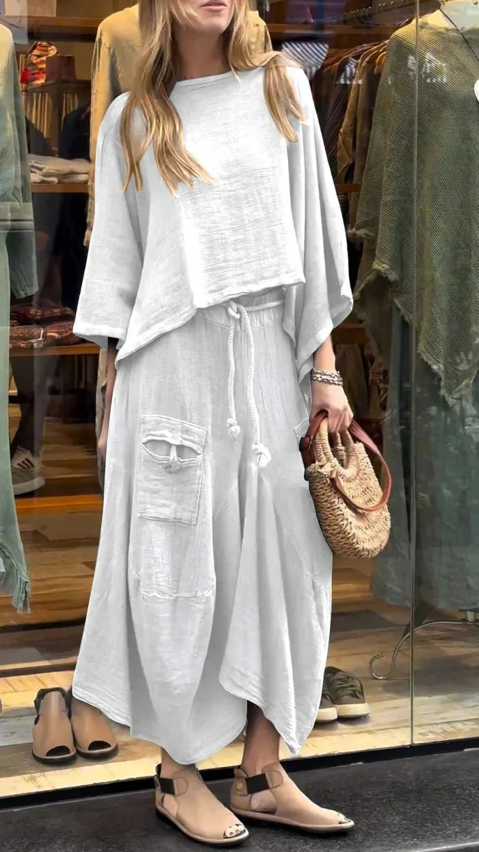 Casual Solid Cotton Linen 2 Piece Sets Women Spring O Neck Top Pullover Belted Skirt Outfit Fall 3/4 Sleeve Loose Suit. S-3x