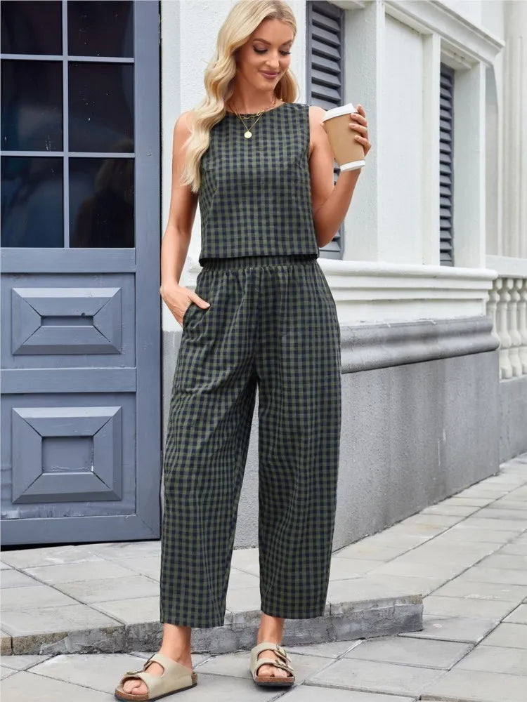 Women Pant Set Fashion Plaid Print Sleeveless Top Loose Pants Two Piece Casual Outfit. S-2X