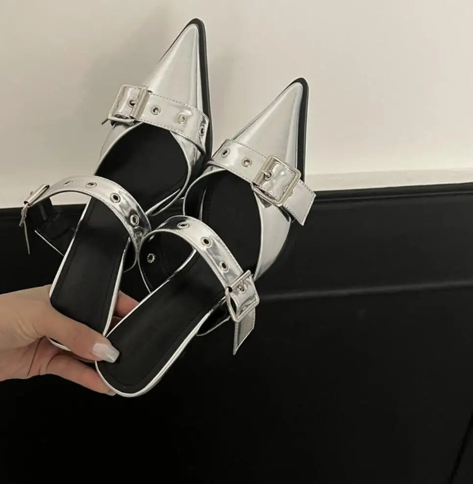 Metal Buckle High Heel Sandals Pointed Toe Thin Heels Sandals.