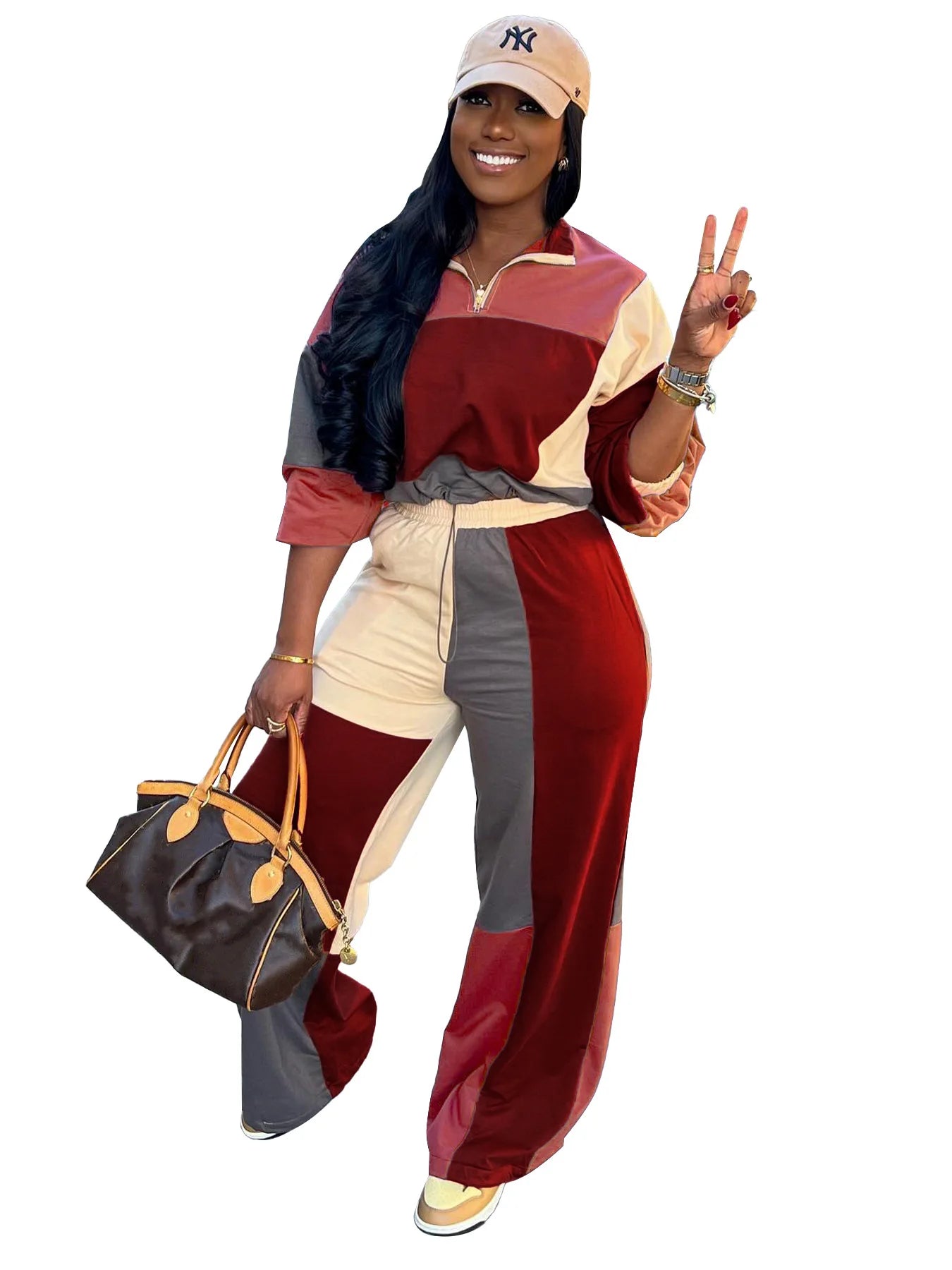 Women's Two-Piece Tracksuit Set - Casual Patchwork Pullover & Straight Pants