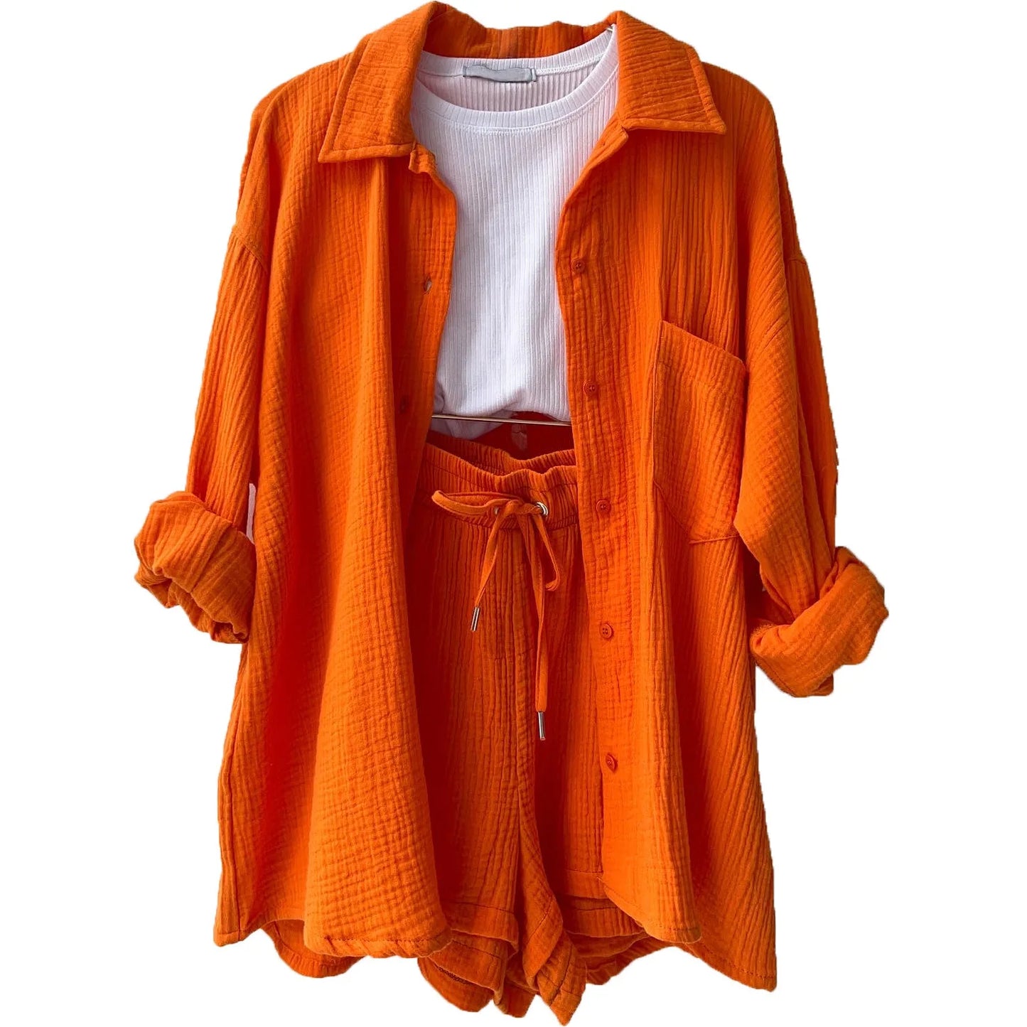 Ladies Shorts And Single Breasted Cardigan Blouse Two Piece Shorts And Loose Button Up. S-2x