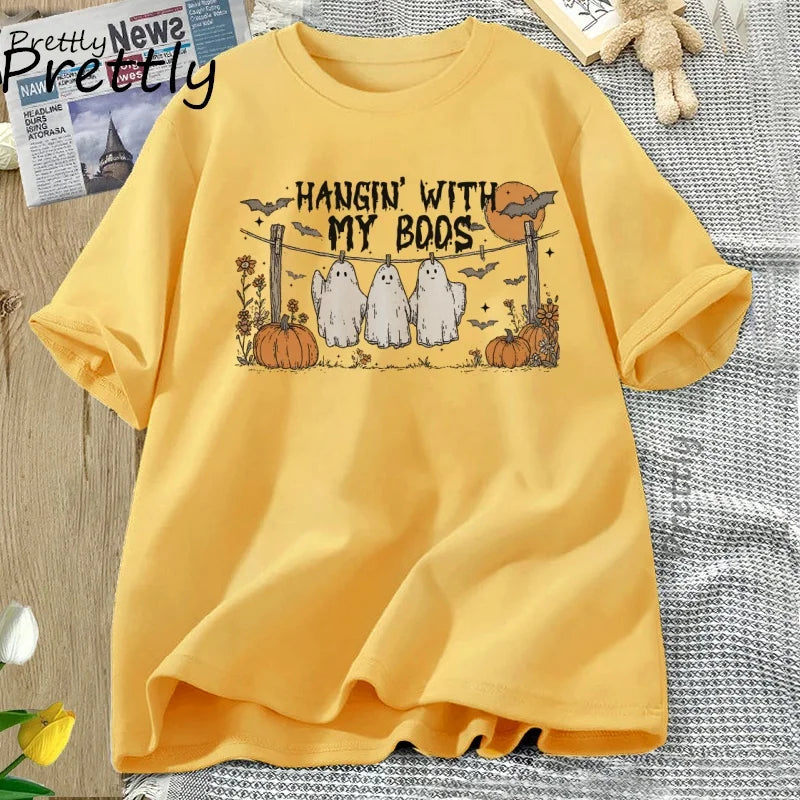 Unisex Funny Hanging Ghosts Halloween T-shirt Boos Cute Pumpkin Bat Casual Cotton Short Sleeve Round Neck Tee . S-3X