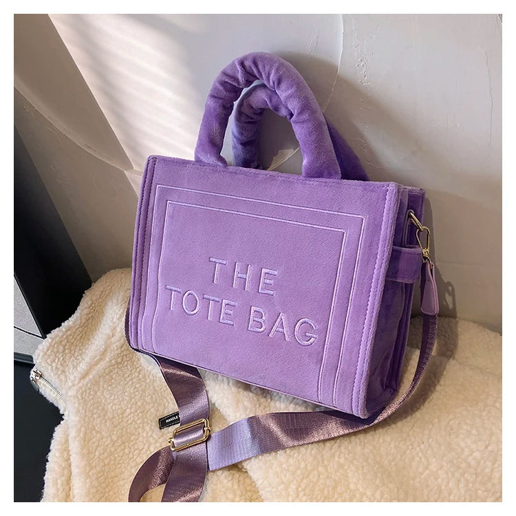 Women's Velour Tote Original Letter Print Square Stylish Soft Shoulder Bag