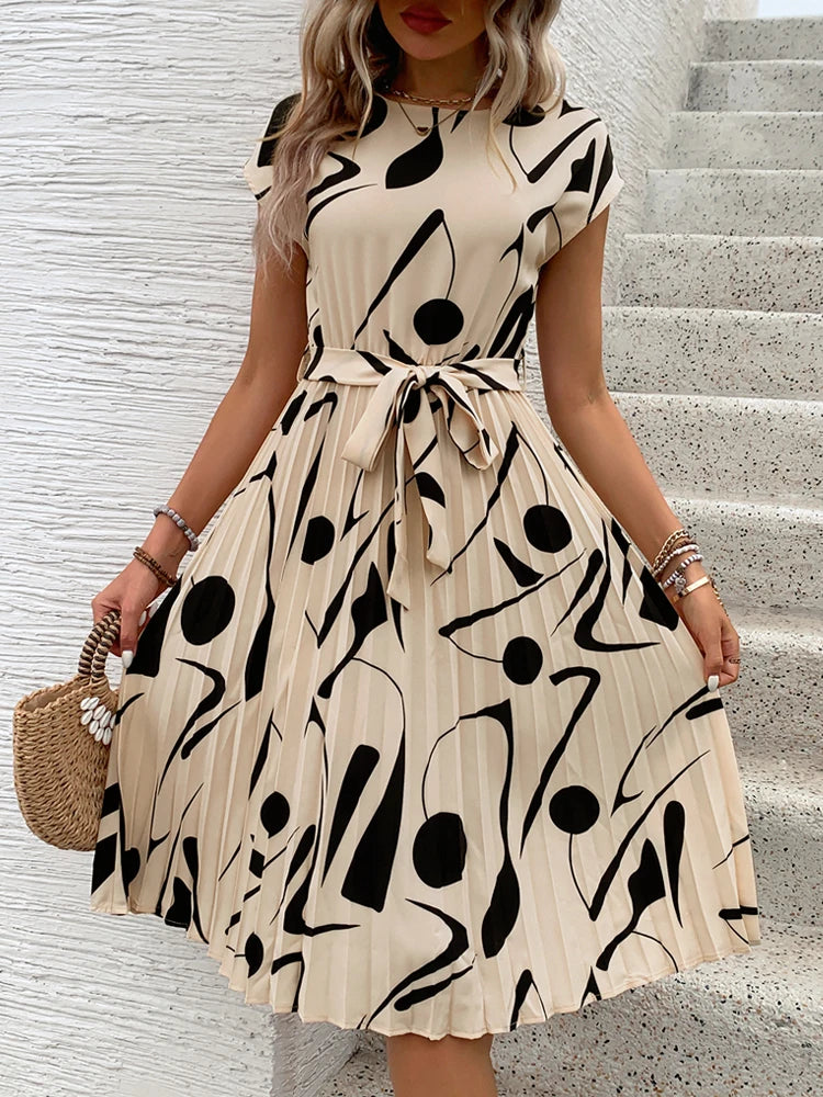 Summer Europe hot selling pleated round neck flare dress.
