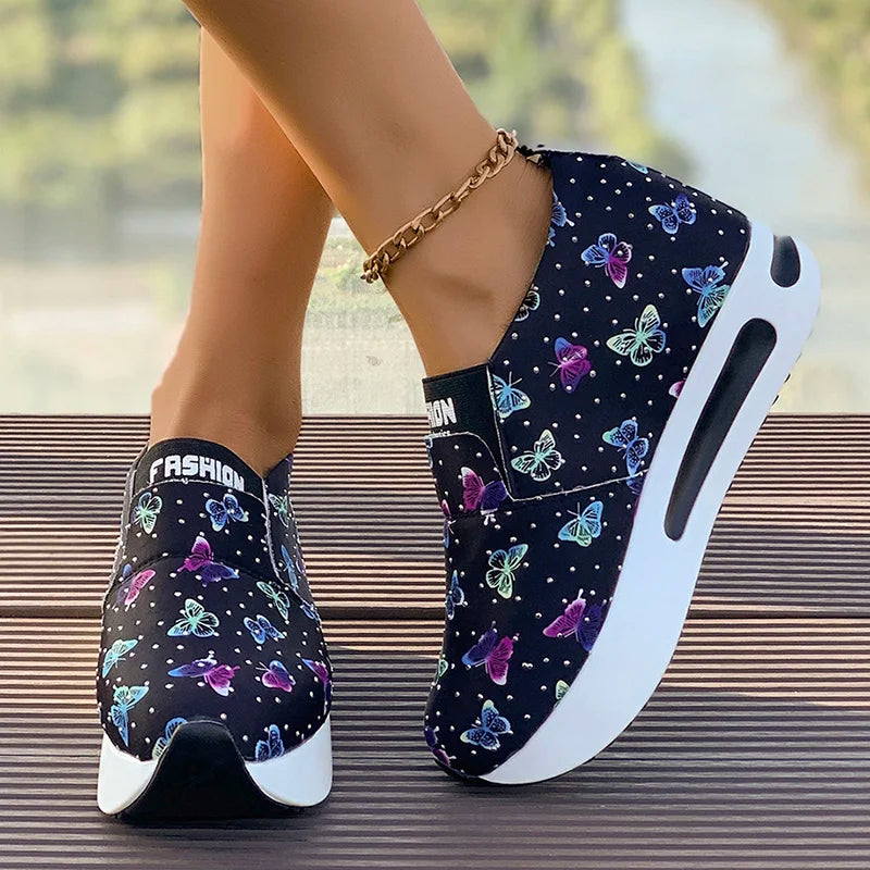 Great For Walking Butterfly Print Platform Sneakers Lightweight Slip On Great For Walking Thick Sole Non Slip Casual Shoe