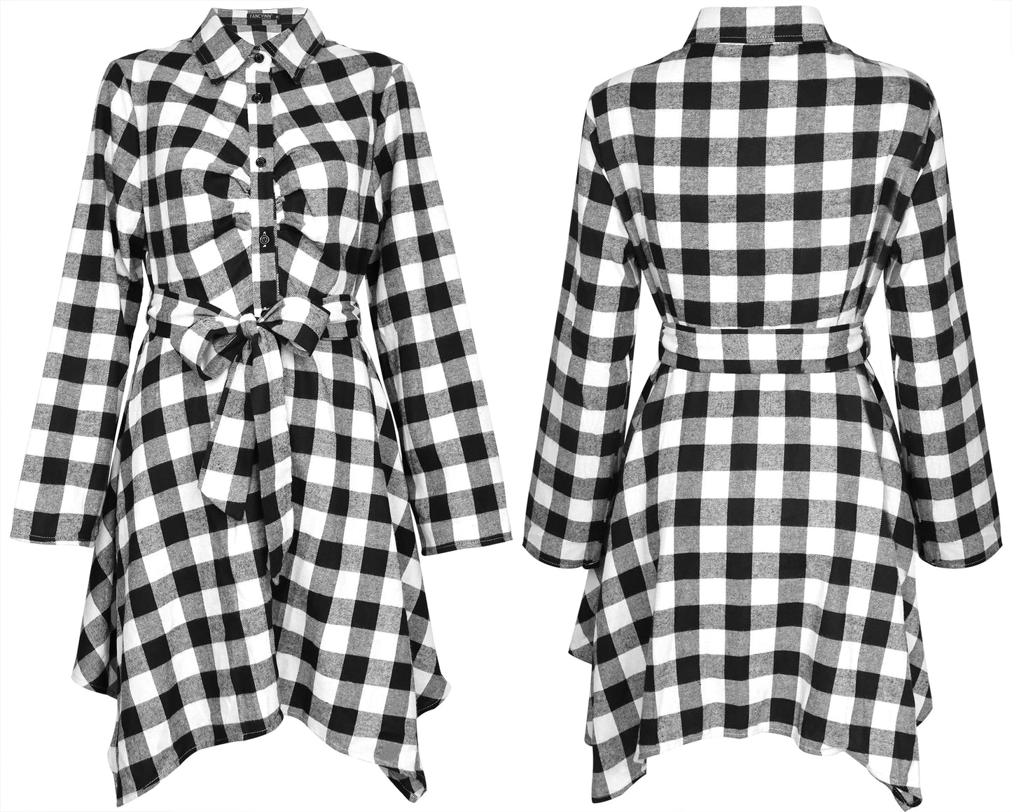 Womens Long Sleeve Checker Plaid Shirt Dress Pleated Front Chest Irregular Hem Casual Autumn /Winter Dress. S-XL