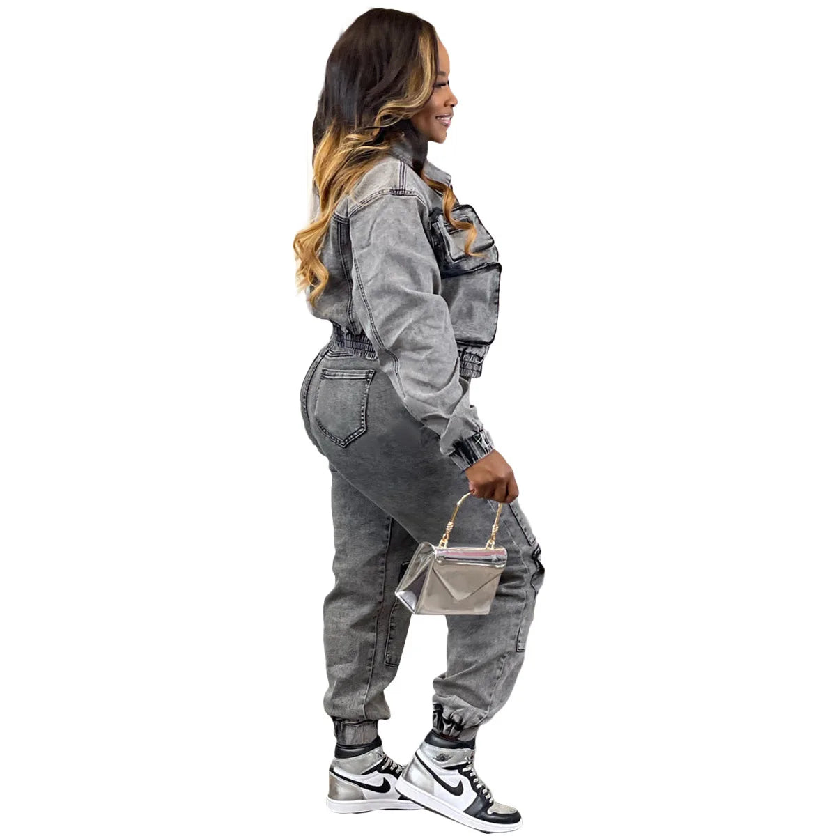 Ladies Long Sleeve Zipper Denim Cargo Ankle Length Pocket Pant Set. S-2x