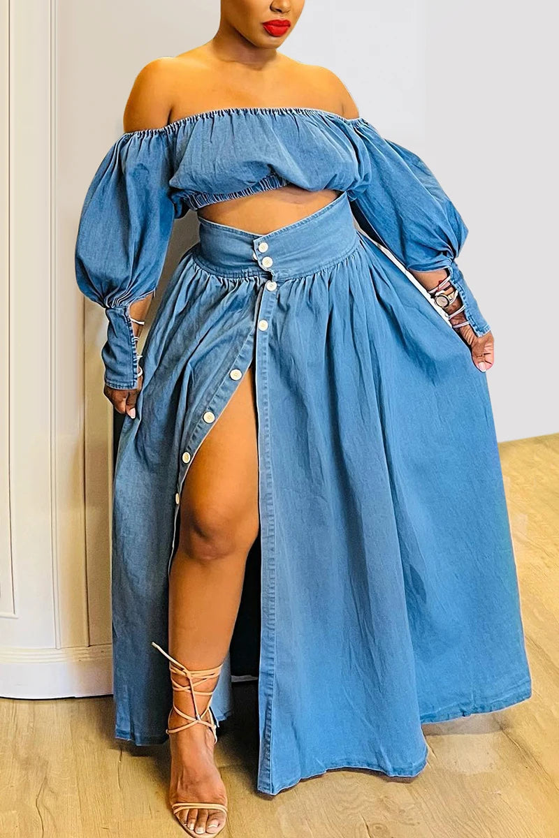 Women's Plus Size Casual Off The Shoulder Split Button Two Pieces Denim Skirt Set Lantern Sleeve Vintage Crop Top Matching Set