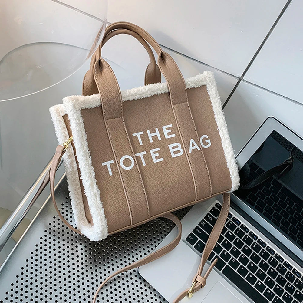 Winter Soft Lamb Wool Stitching Top-Handle PU Leather Fashion Small Cross-body Letter Print Square Tote Bag