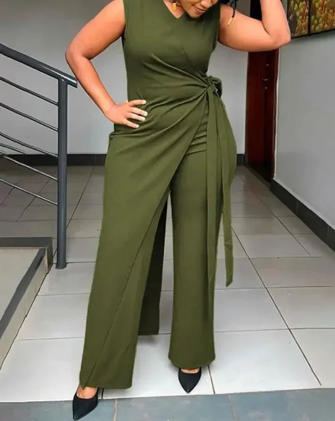 Women's Jumpsuit Summer Fashion Tied Detail V-Neck Casual Plain Sleeveless Asymmetrical Long Jumpsuit . S-2x
