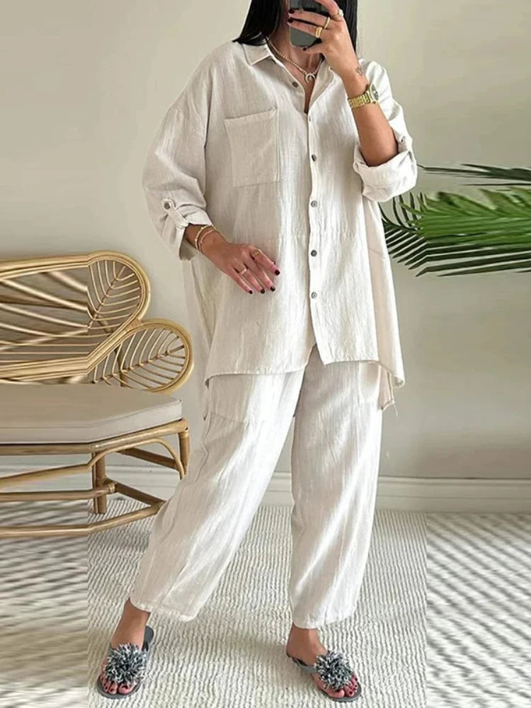 Women's Elegant Cotton Hemp Single Breasted Loose Fit Wide Leg Pants Two Piece Set. Sz: S-xxL