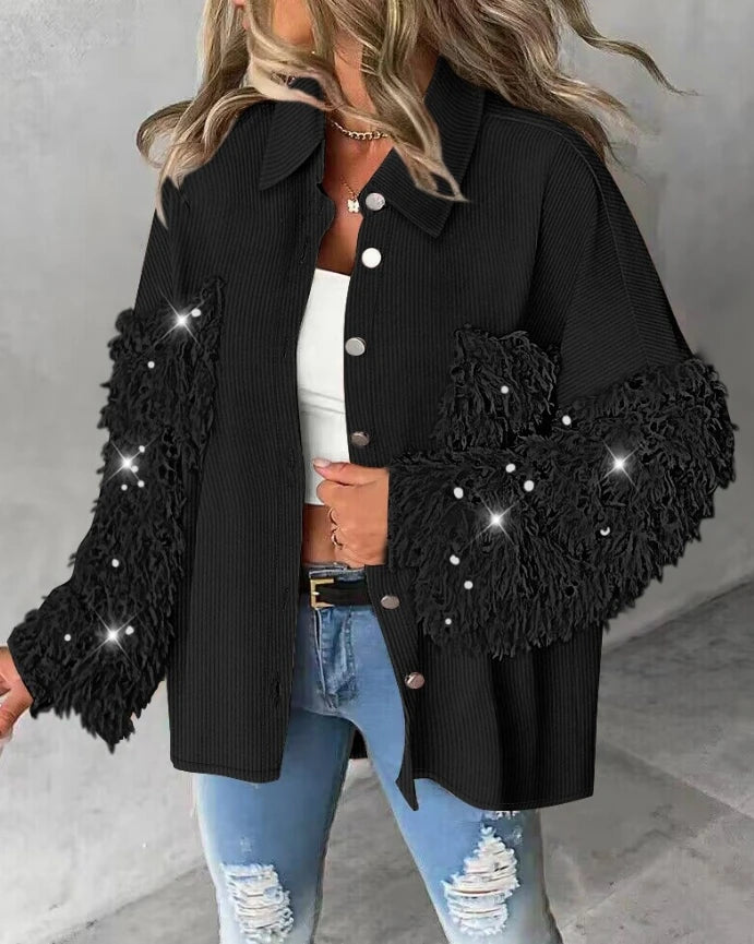 2025 New Fashion Casual Contrast Sequin Turn-Down Collar Long Sleeve Elegant Design Shacket with Pocket.