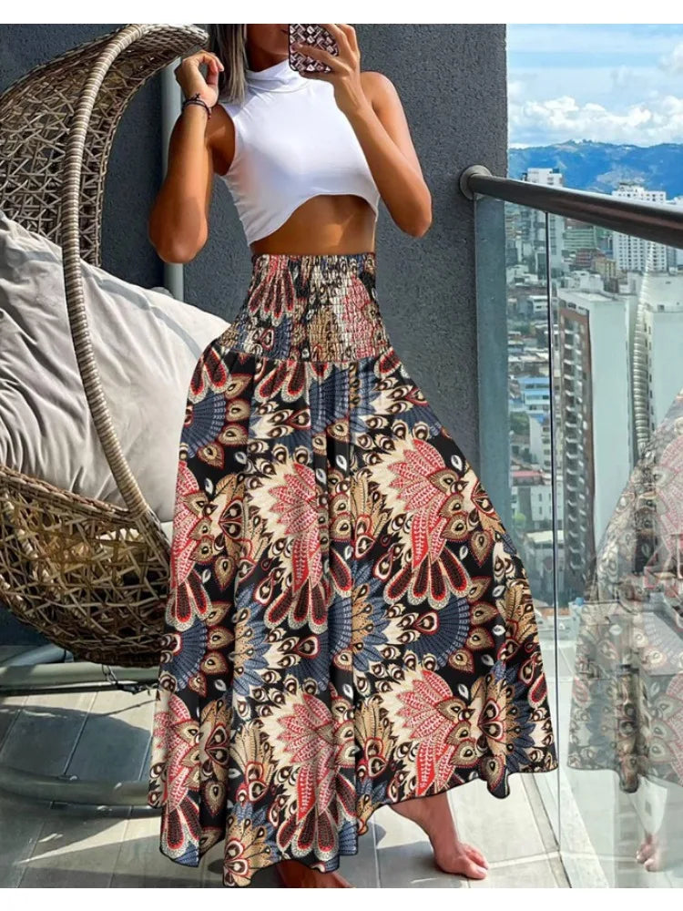 Women Fashion Floral Print Bohemian Elastic High Waist Skirt. S-2x