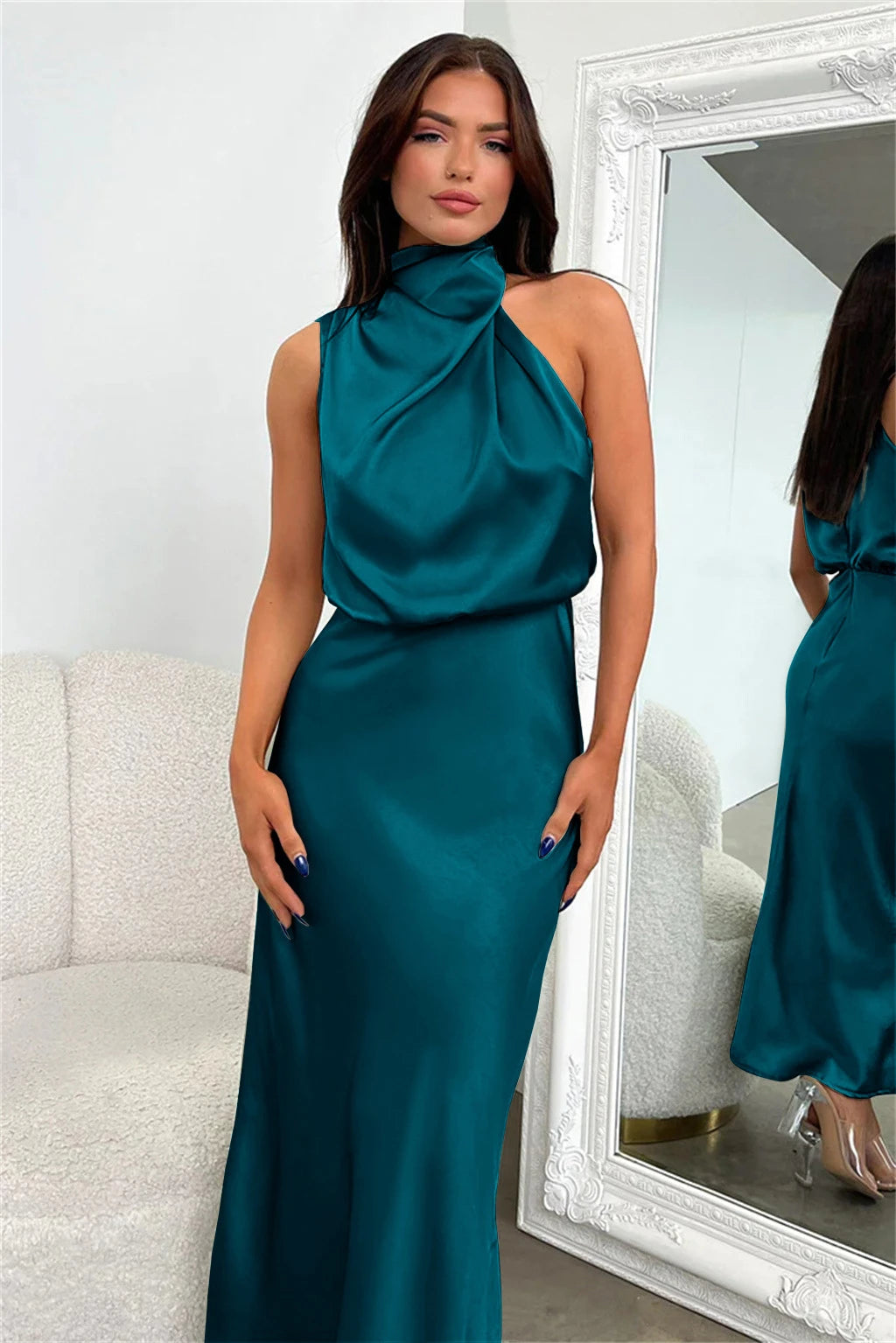 2025 Spring/Summer Long Dress for Women High Waist Halter Satin Sleeveless Elegant Solid Evening Party Dress. S-XL