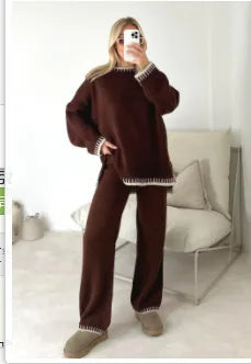 Ladies Knitted 2 Piece Set Casual Loose O Neck Pullover Top Wide Leg Pants. S-2x