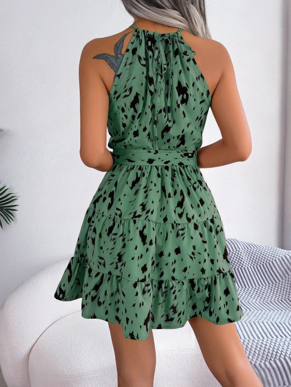 Print Ruffled Fashion Dress Spring Summer Sexy Halter Mini Dress. S-3x