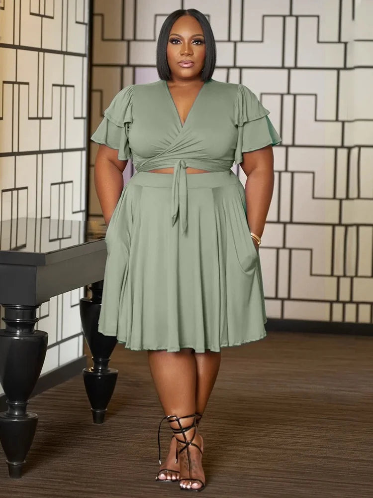 2 Two Piece Women V Neck Mini Skirt Set With Pockets Matching Outfit.