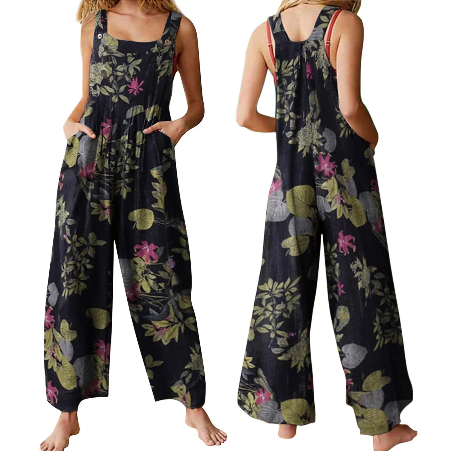Ladies Vintage Leaf Floral Print Square Neck Sleeveless with Pockets Sizes S-5XL