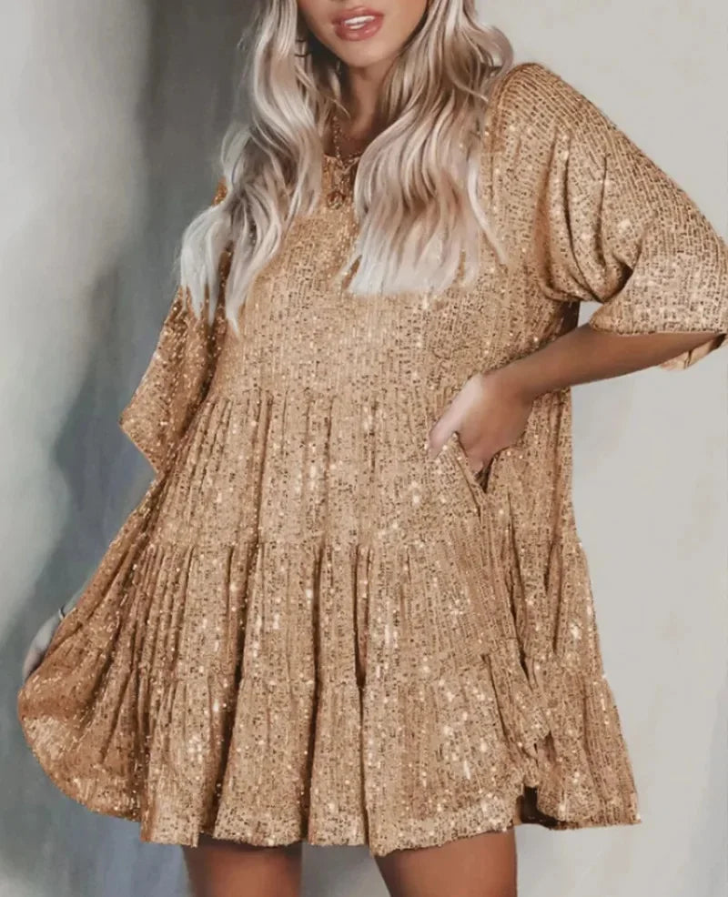 Fashionable Sequins Round Neck Loose-Fit Waist, Short Sleeves New Arrival European Style. S-3X