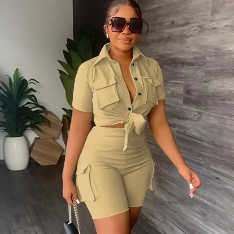 Ladies Two Piece Set For Summer, Pockets Short Sleeve Button-Up Shirt And Short Set. S-2x