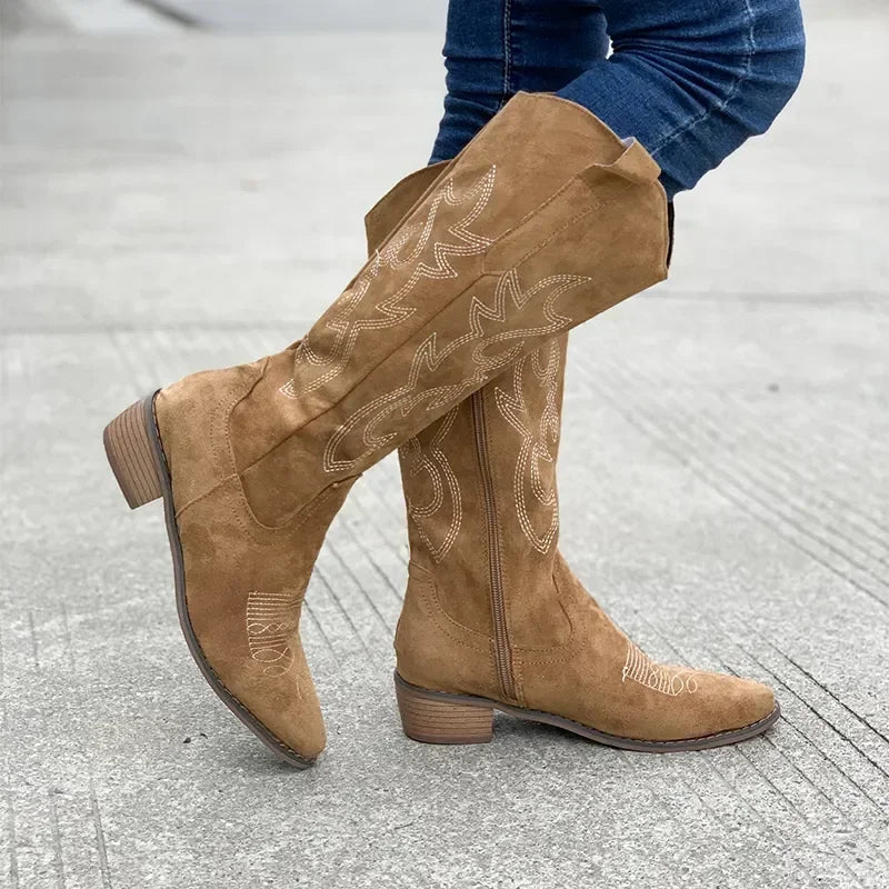 Women's Fashion Chunky Heeled Cowboy Boots Zipper Style Pointed Toe