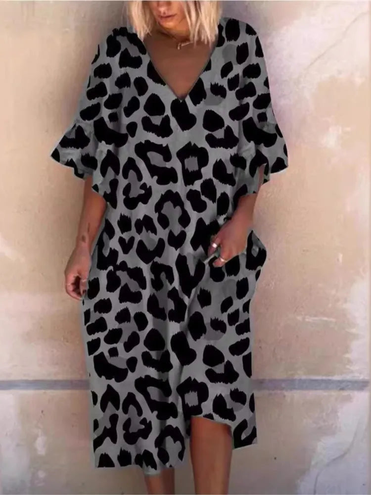 Fashion Leopard Print Dress Lady Casual Vintage V Neck Pullover Loose Dress. S-3x