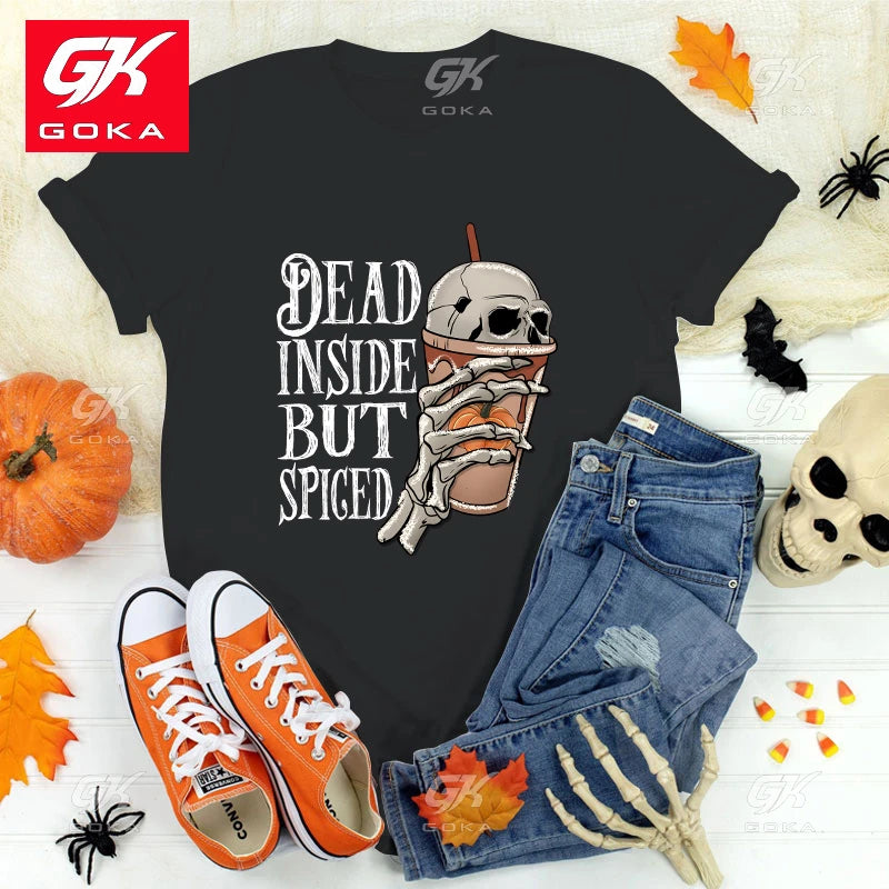 Premium Cotton T Shirt Fashion Halloween Dead Inside But Spiced Print Hip Hop Short Sleeve Women Cool Casual Shirts. S-3X