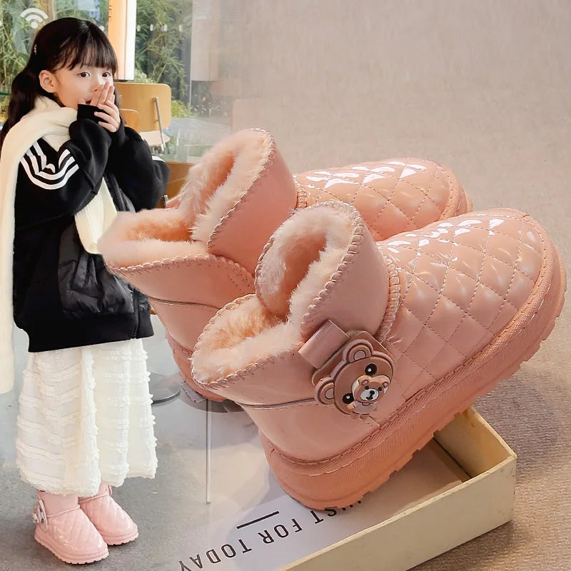 Kids Fashion Boots for Boys Girls Unisex 2024 Autumn Winter Cartoon Bear Classic Slip-on Children Thermal Snow Ankle Boots Warm