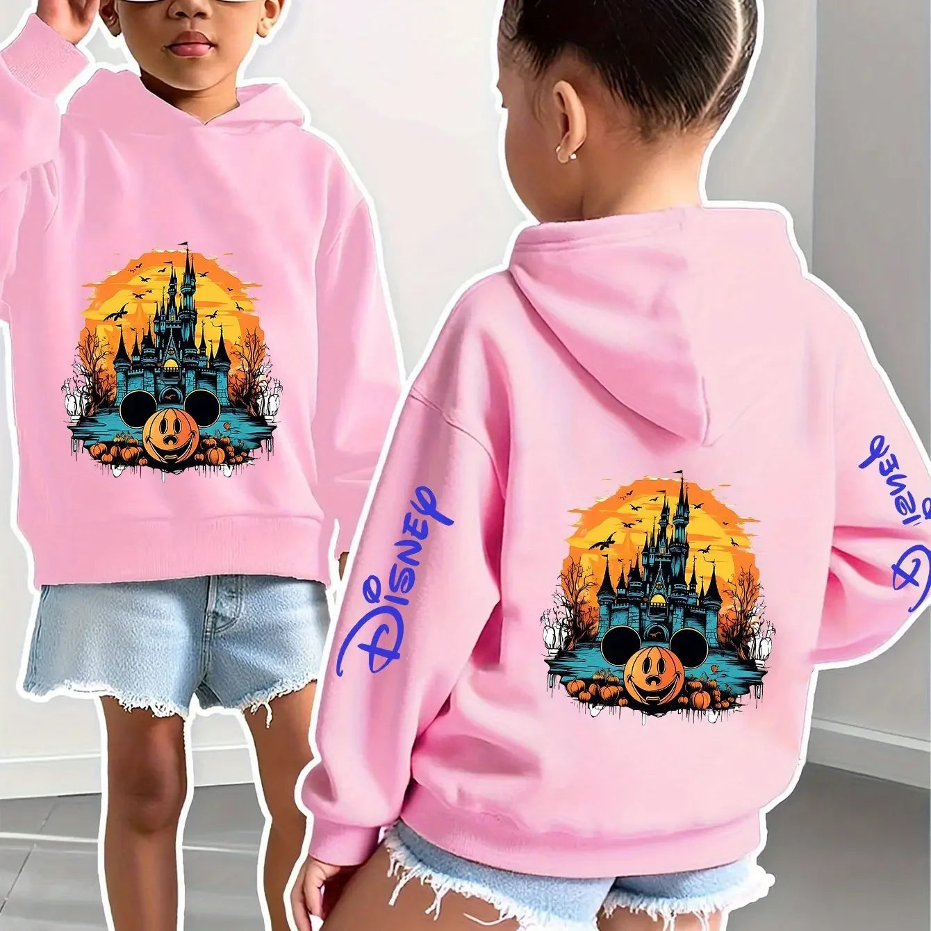 Disney Girls and Boys Halloween Casual Hooded Double-sided Printed Mickey Halloween Children's Hoodie.