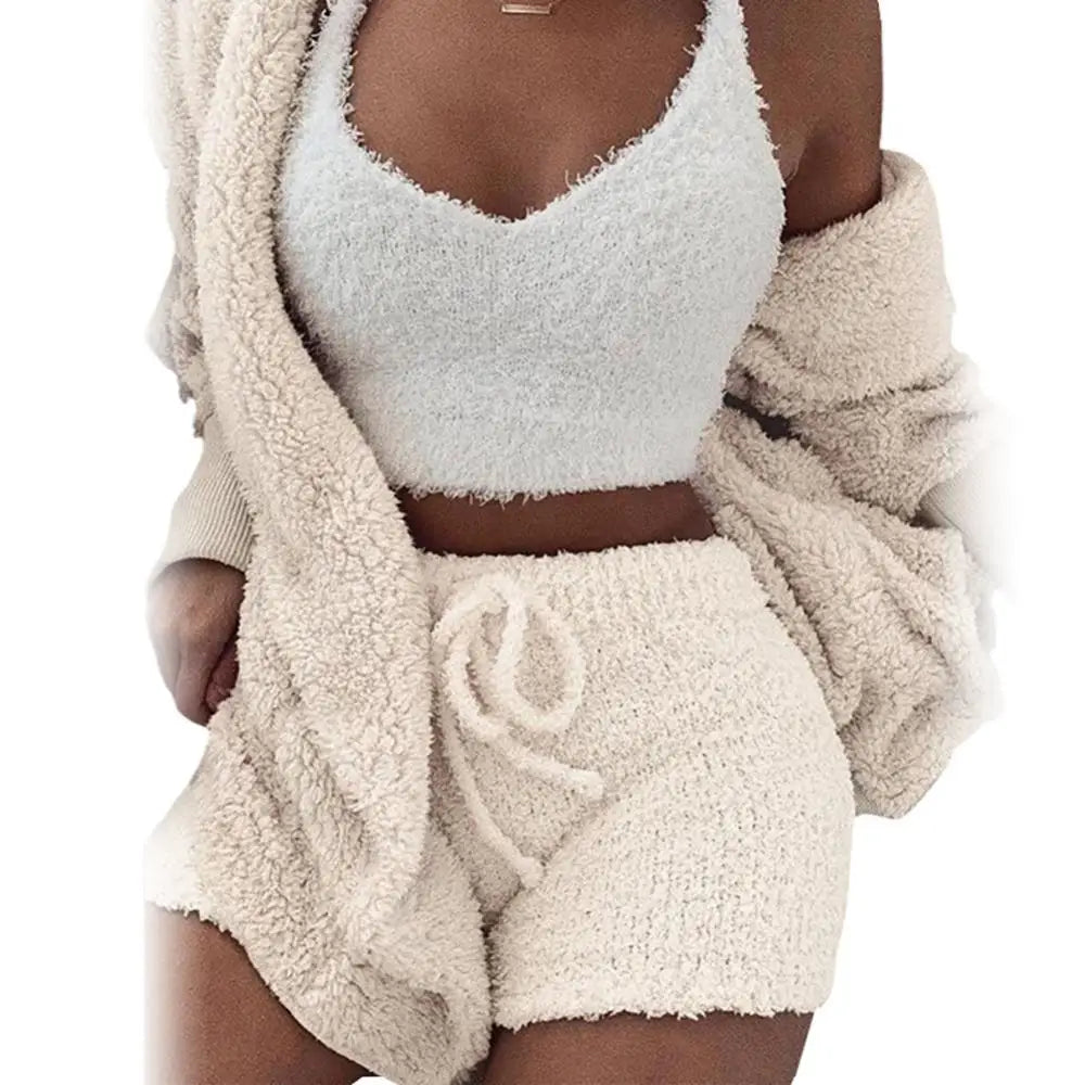 3 Piece Fluffy Outfit Plush Sexy Backless Fleece Pyjamas/Lounge wear Set