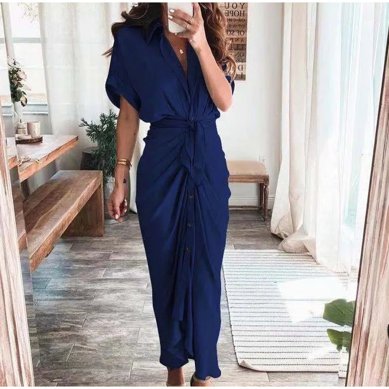 Summer Fashion Printed Short Sleeve Dress Vintage Waist Tie-up Button Bandage Long Dress. S-3x