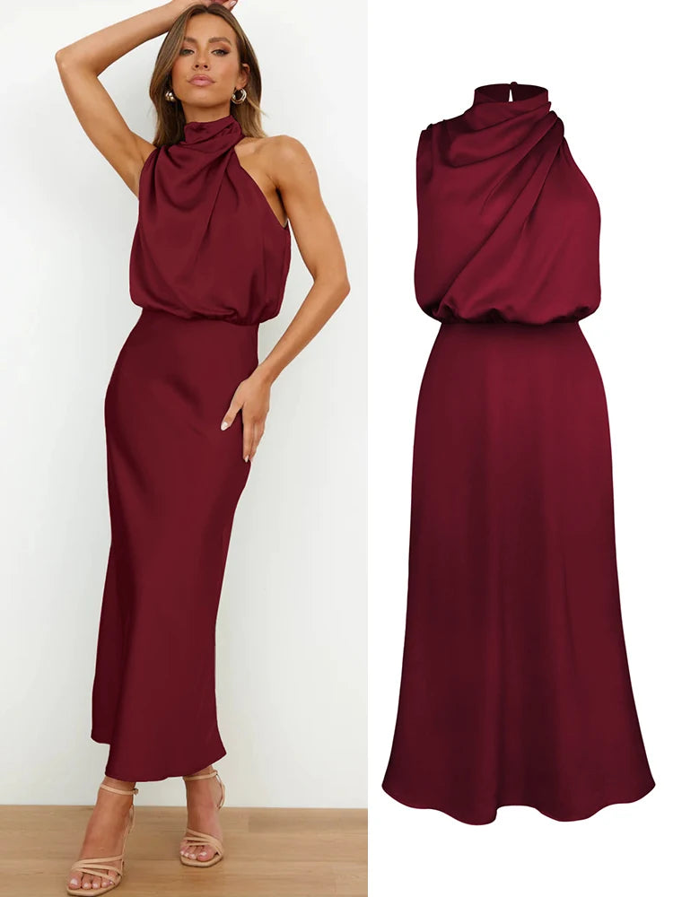 Summer High-End Silk Satin Long Dress Women Fashion Elegant Celebrity Evening Dress. S-XL