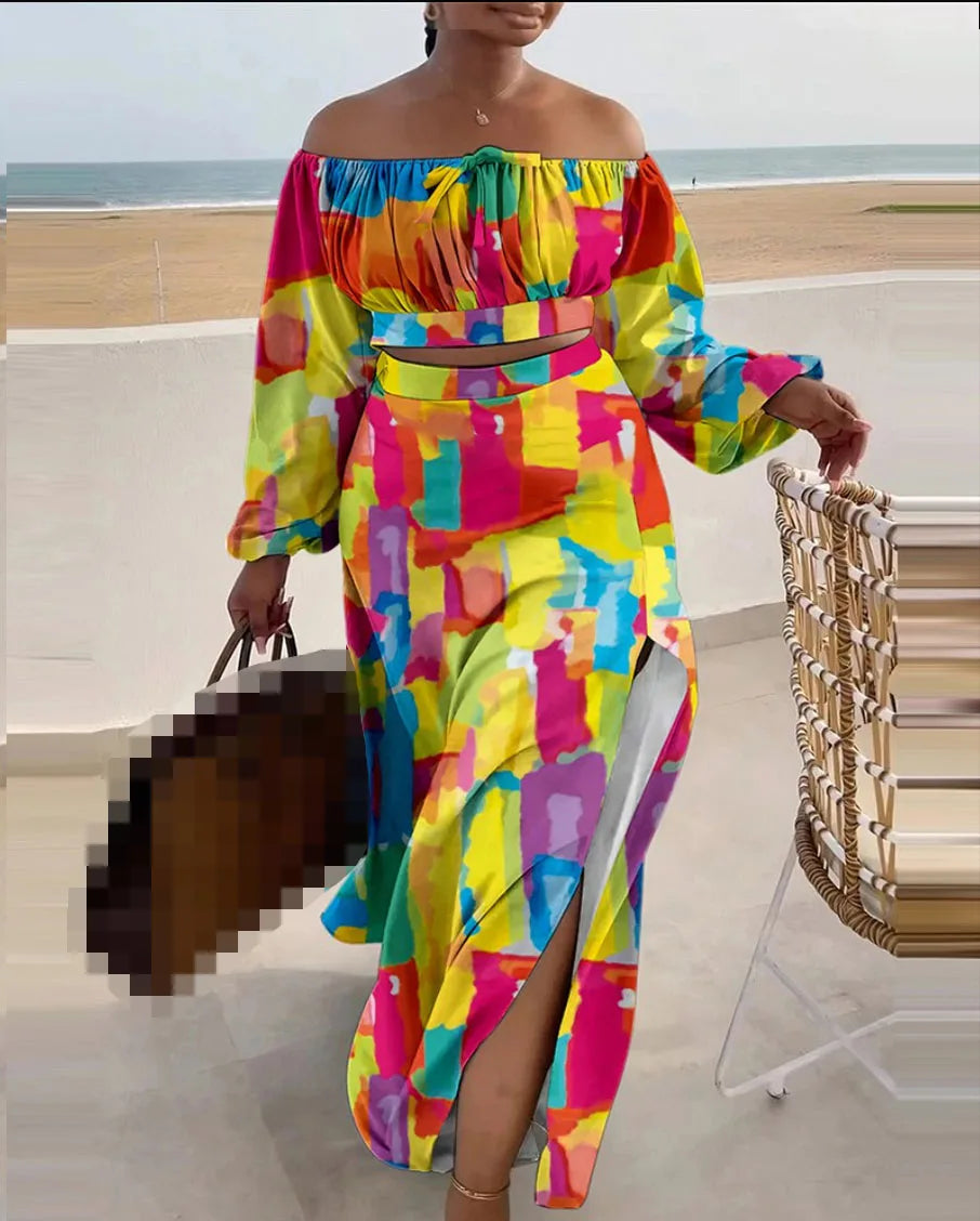 Casual Off Shoulder Sexy Slit Printed Loose Long Skirt Two Piece Set For Women Vacation Summer Outfit. S-3X