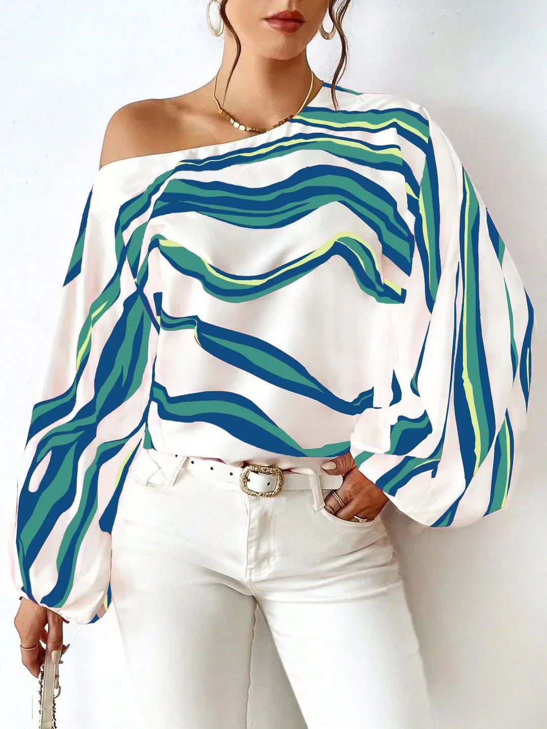 Pullover Women Blouse Slash Neck Lantern Sleeve Print Shirt Loose Casual Blouse Slight Stretch Elegant Blouse. S-XL