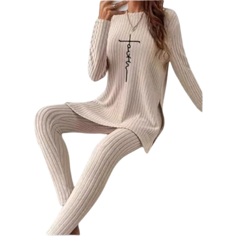 Casual Solid Colour Knitted Suit Women Two-Piece Long Sleeve Split Top Slim Fit Pants Autumn Fashion Set. S-2x