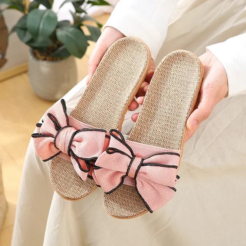 Women Summer Casual High Quality Breathable Slides Comfortable Flax Slippers Striped Bow Linen Flip Flops.
