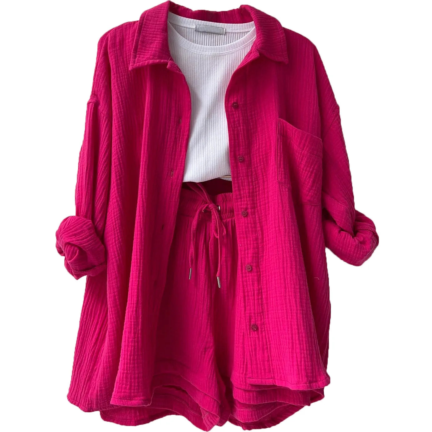 Ladies Shorts And Single Breasted Cardigan Blouse Two Piece Shorts And Loose Button Up. S-2x
