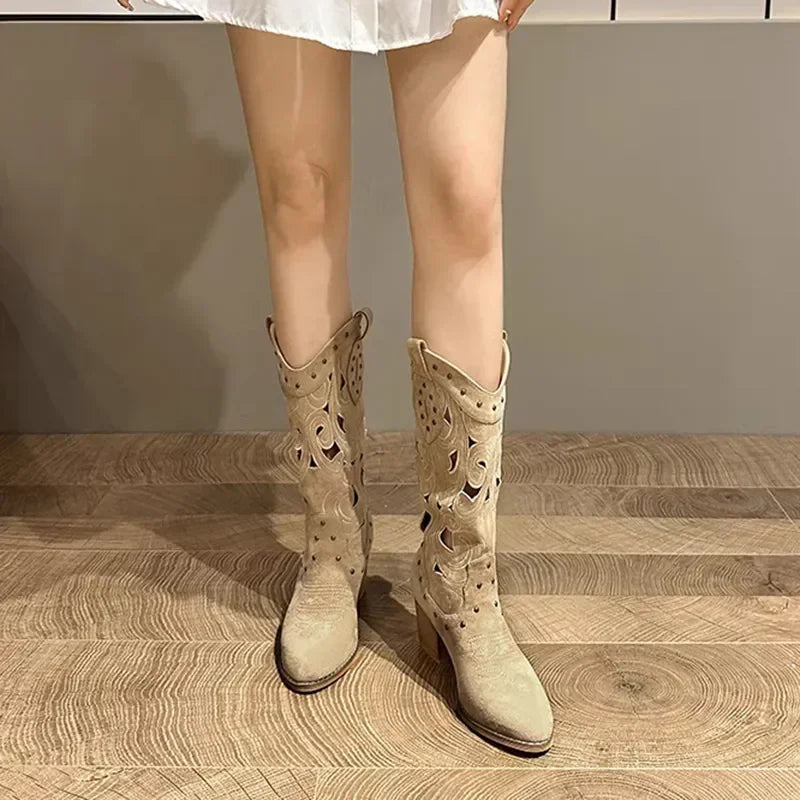 Embroidered Vintage Western Boots, Chunky Heels Pu Leather .