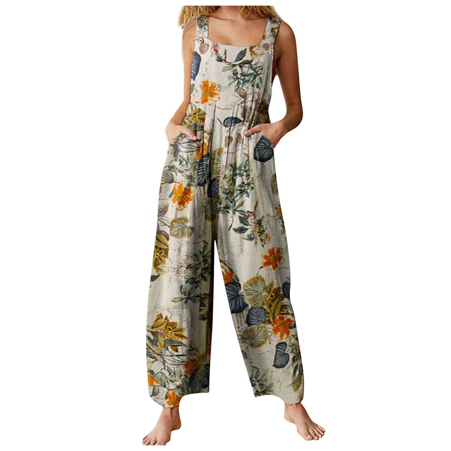 Ladies Vintage Leaf Floral Print Square Neck Sleeveless with Pockets Sizes S-5XL